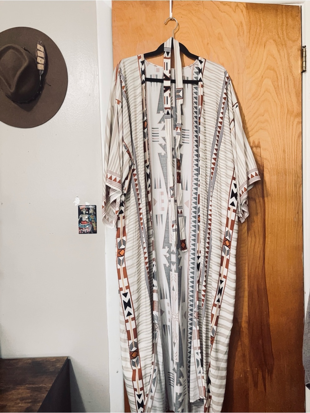 Boho Patterned Duster Kimono - Cream and Brown